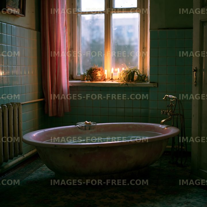 Vintage bathtub in a candlelit tiled bathroom