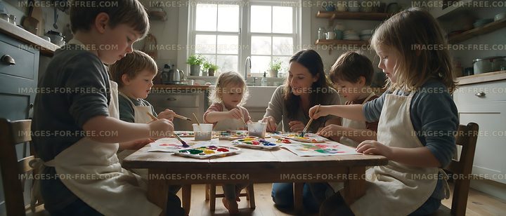 Family painting activity around a kitchen table