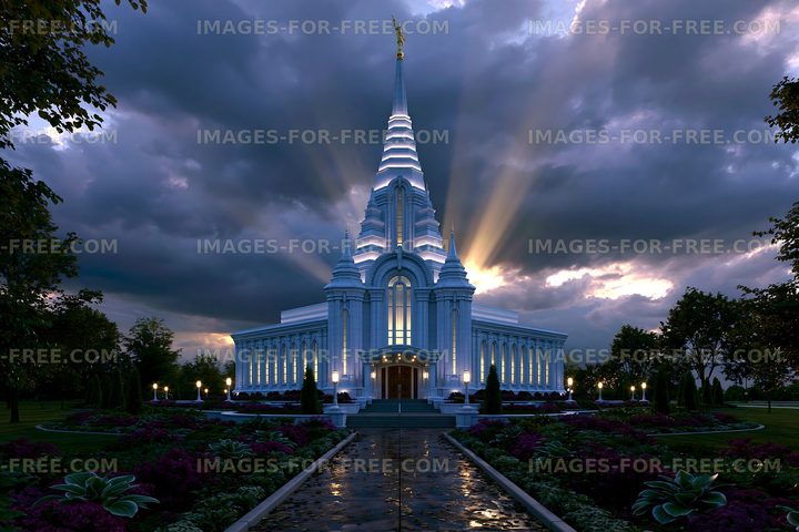 Temple glowing beneath dramatic sunset clouds