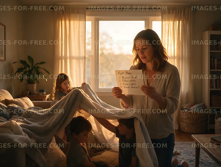 Family building a blanket fort in a sunlit living room