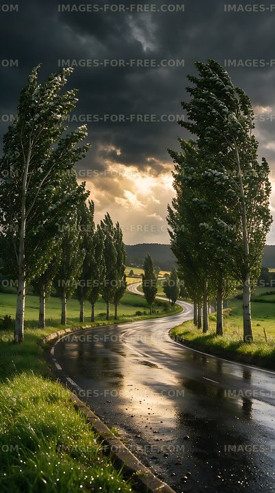 Wet winding road lined with poplar trees beneath dramatic clouds