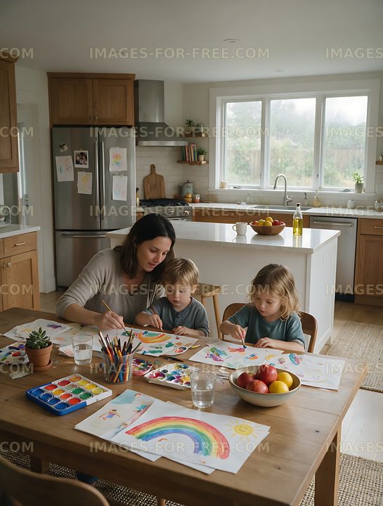 Mother and children creating colorful artwork in a home kitchen