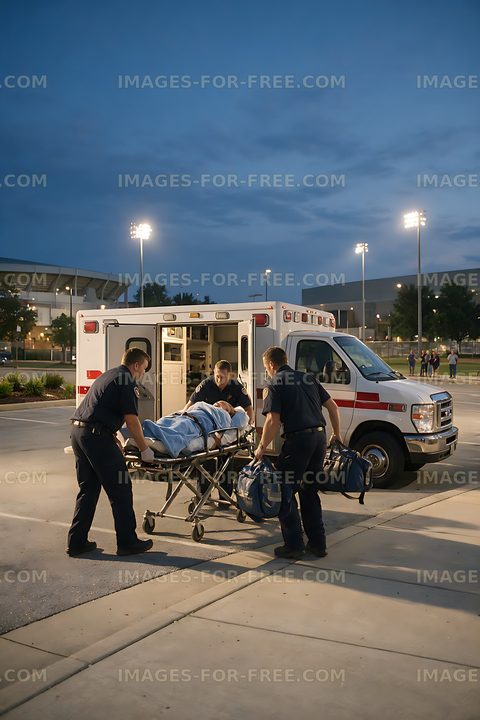 Paramedics loading a patient into an ambulance