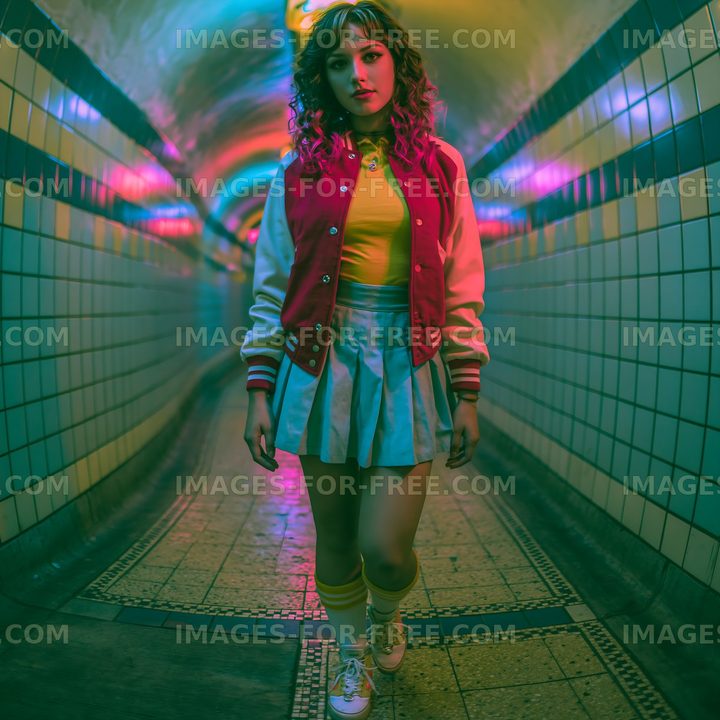 Woman in colorful streetwear walking through neon tunnel
