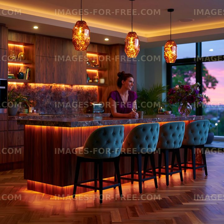 Elegant home bar interior with woman and wine glass