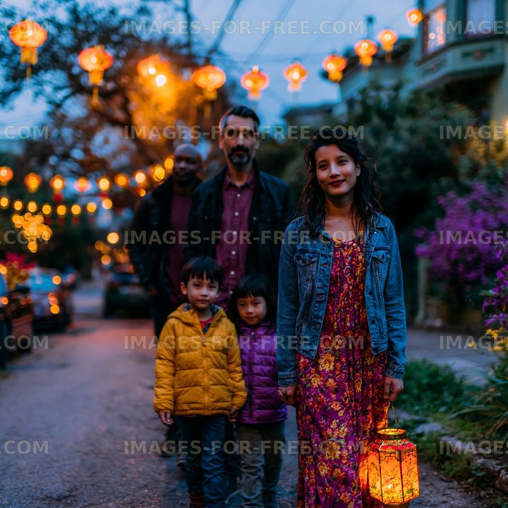 Family with lanterns on a garden path