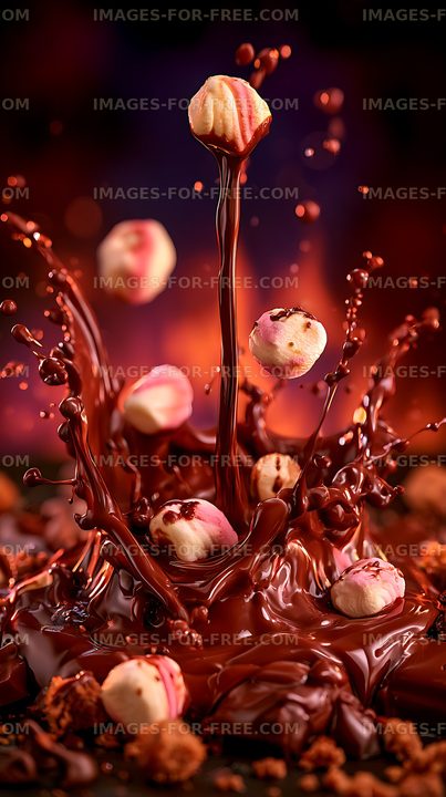 Glossy chocolate splash and marshmallows