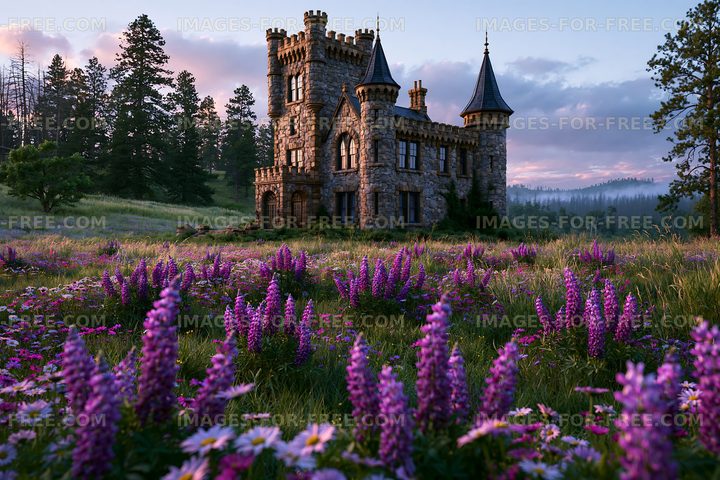 Stone castle in a colorful meadow beneath a pastel evening sky