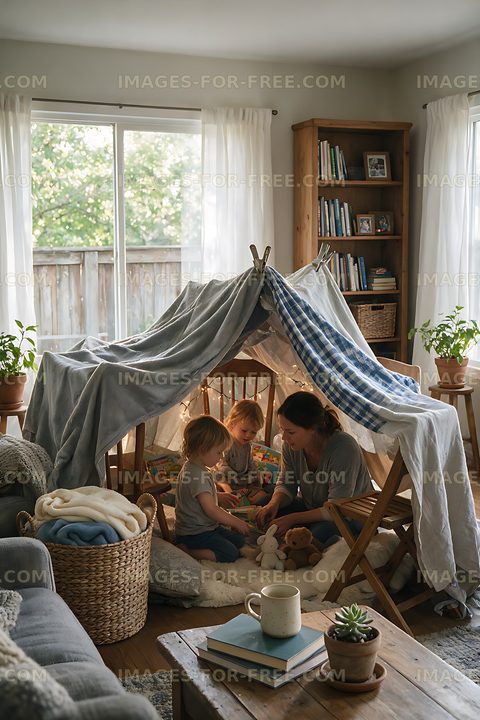 Family bonding inside a cozy blanket fort