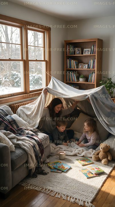 Family building a cozy blanket fort indoors