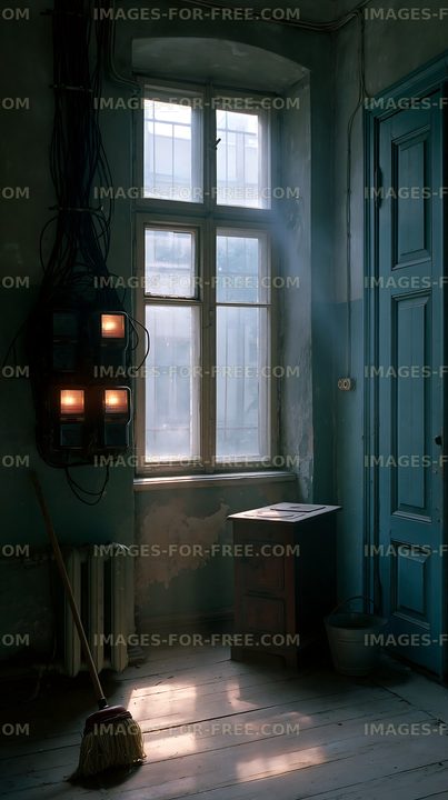 Weathered room illuminated by light through a tall window