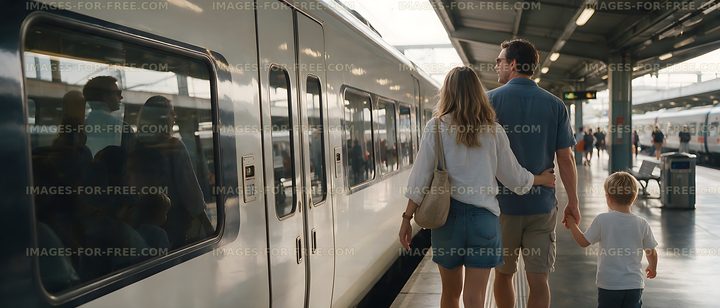 Family walking along a railway platform