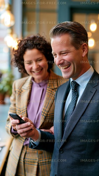Business colleagues sharing a laugh over a smartphone