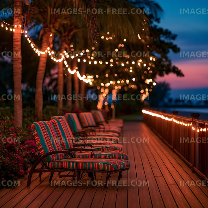 Outdoor lounge deck with glowing lights and palm trees