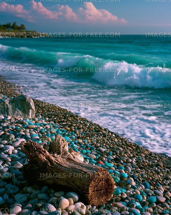 Weathered driftwood and smooth stones along a turquoise seashore