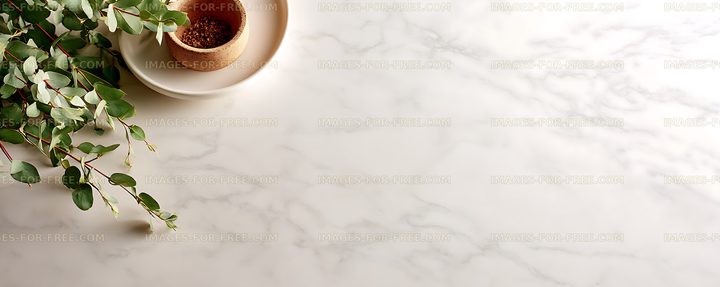 Botanical eucalyptus arrangement with bowl on white marble