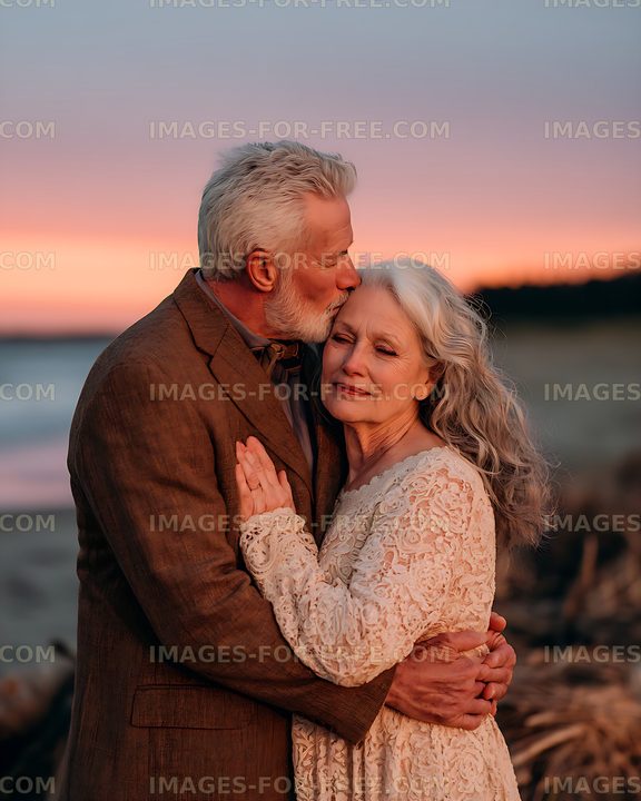 Loving senior couple sharing an embrace at sunset