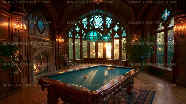 Ornate billiards room glowing with warm sunlight