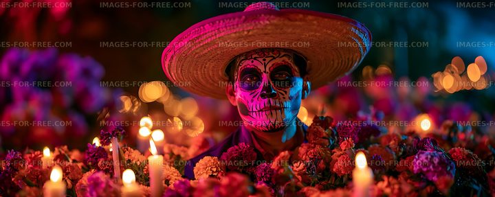 Skeleton makeup portrait with sombrero, flowers, and candles