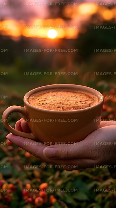 Coffee Cup Held in Hand Against a Blurred Sunset
