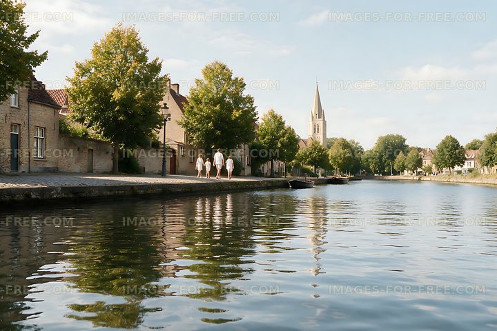 Family walking along a picturesque canal toward church