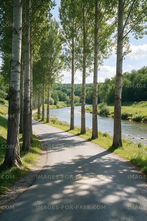 Sunny riverside path lined with poplar trees