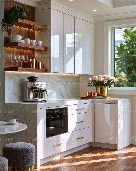 Sunlit Contemporary Kitchen Interior with Coffee Machine