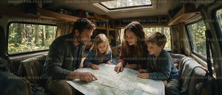 Family studying a map in a camper van