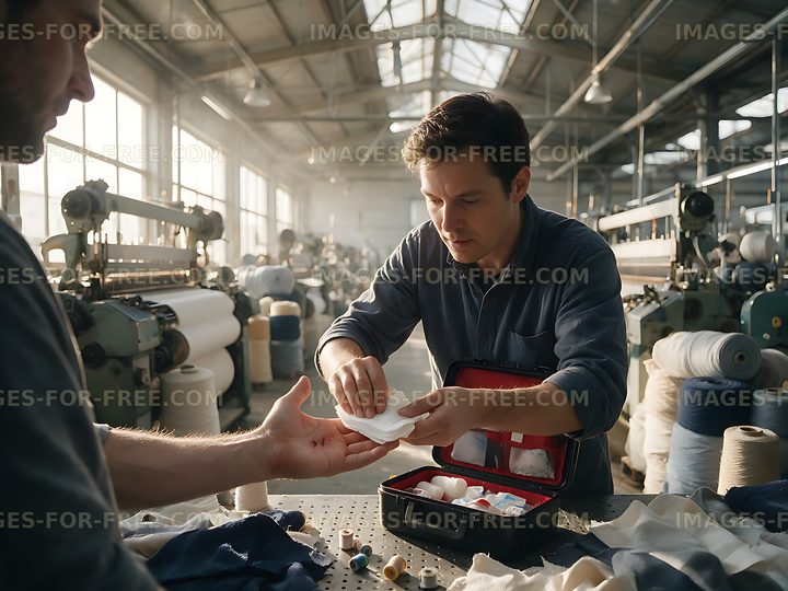 Workers handling fabric beside textile machinery