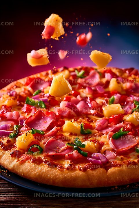 Colorful Pizza with Ham and Pineapple Toppings
