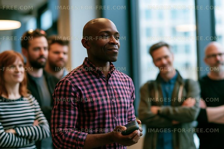 Smiling man with remote among office colleagues