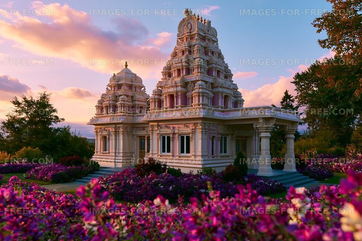 Decorative Hindu temple in a colorful garden at sunset