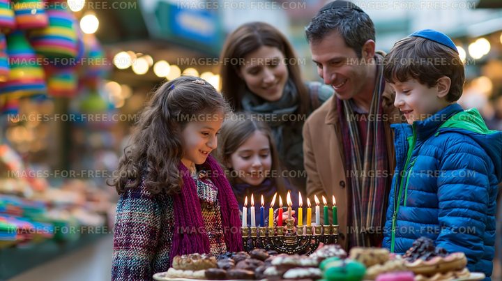 Family celebrating Hanukkah together at a market