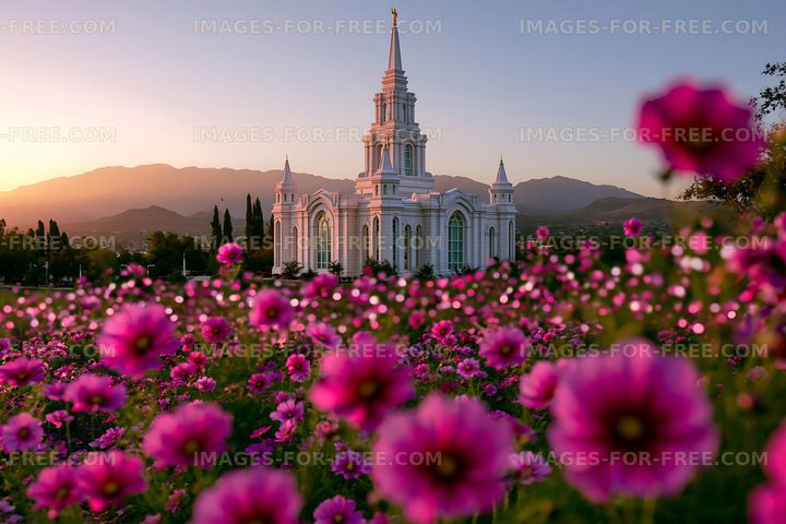 Temple and flower garden against mountain sunset