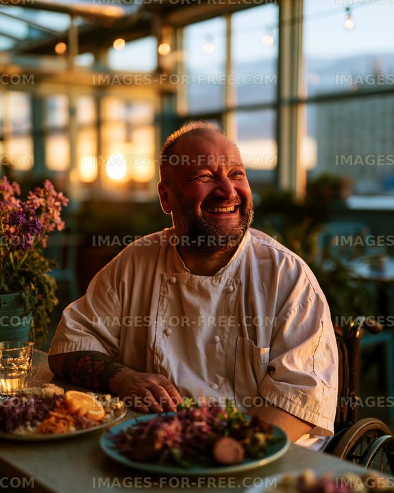 Happy chef enjoying a restaurant dining setting