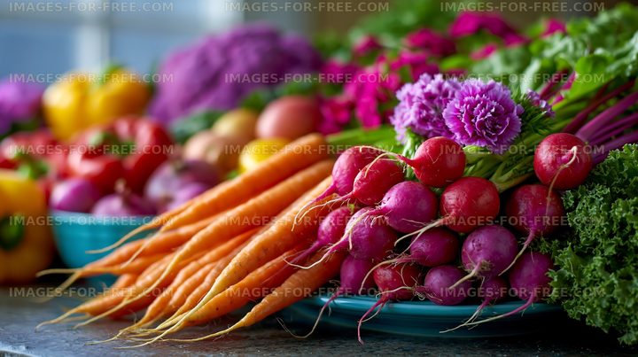 Colorful fresh vegetable arrangement with carrots and radishes