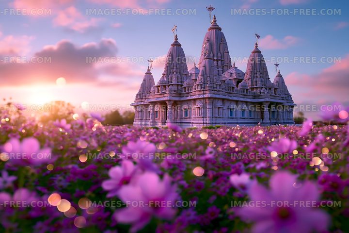 Decorative temple surrounded by flowers in evening light