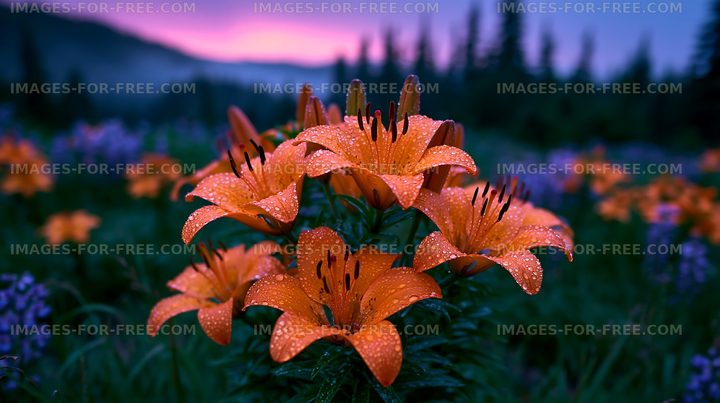 Rain-covered orange lilies in a garden