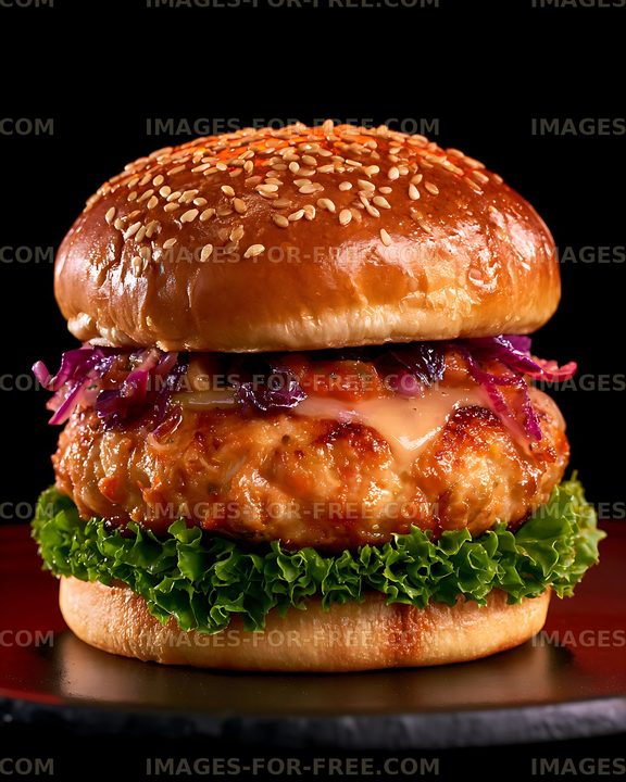 Close-up gourmet cheeseburger with fresh lettuce and sesame bun