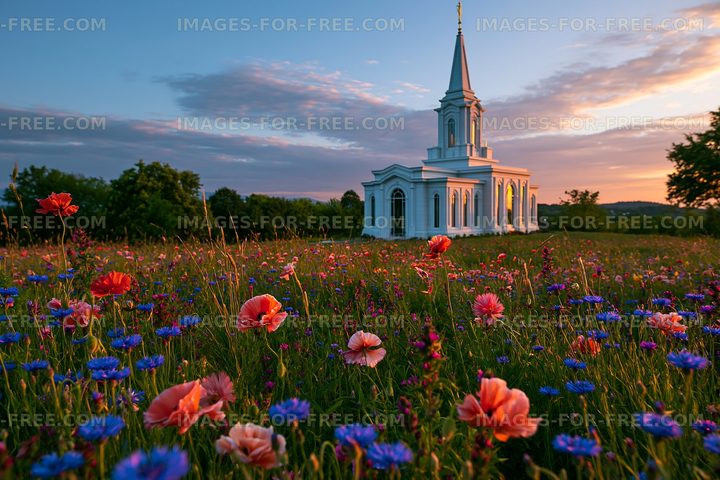 Steepled church and colorful flowers in evening light