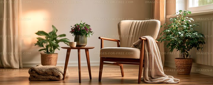 Warmly lit interior with armchair, plants, table, and blankets