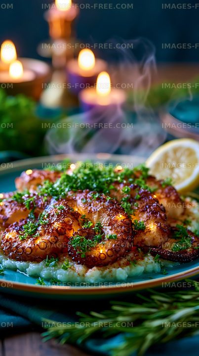 Close-up glazed octopus dinner with herbs and lemon