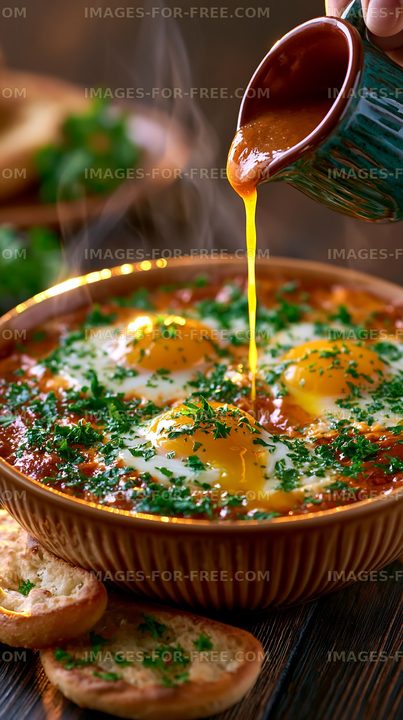 Close-up of steaming eggs with herbs and sauce
