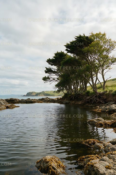 Windblown coastal trees and rocky tidal water