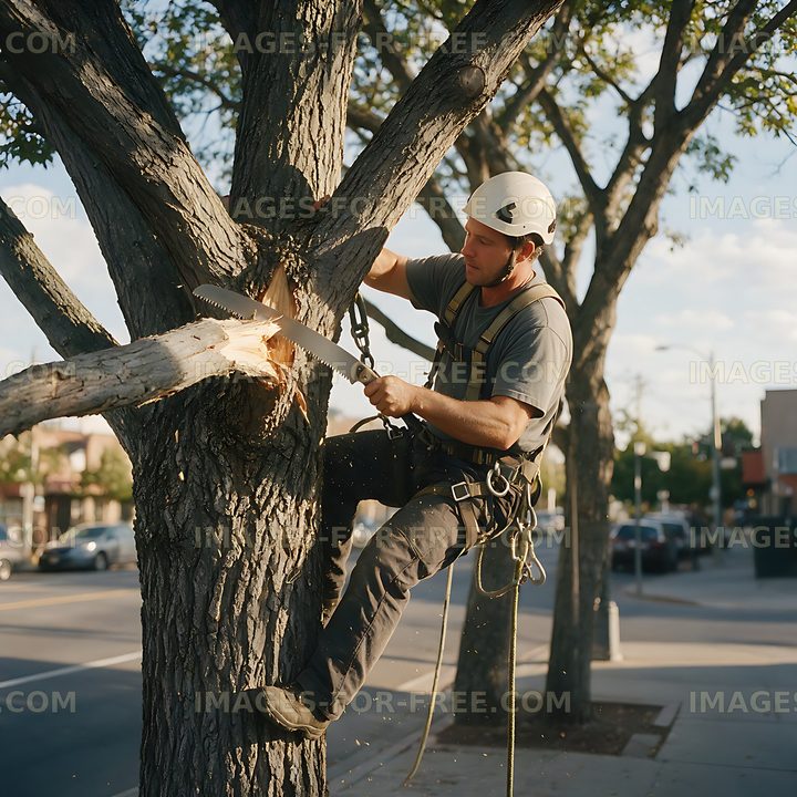 Arborist sawing a branch outdoors