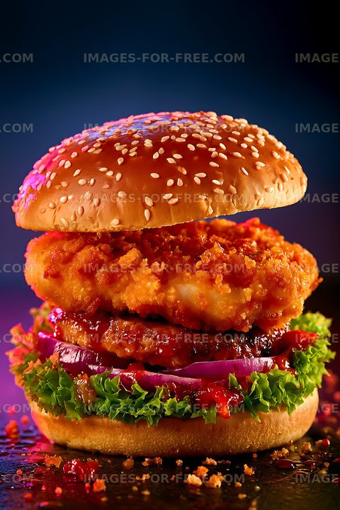 Chicken burger with sesame bun and colorful fresh toppings