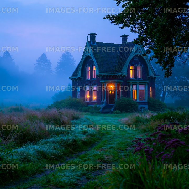 Ornate brick house with glowing windows in evening mist