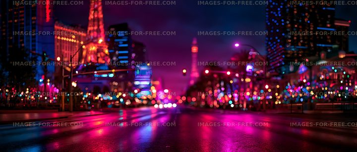 Colorful neon city avenue with wet pavement at night