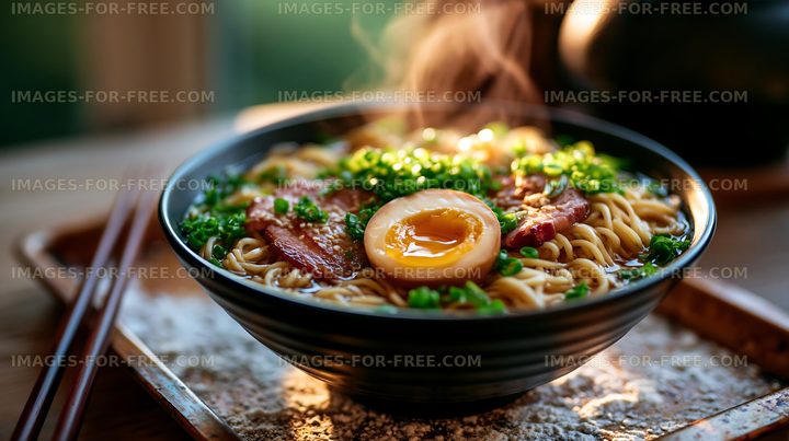 Steaming bowl of ramen with soft-boiled egg and pork
