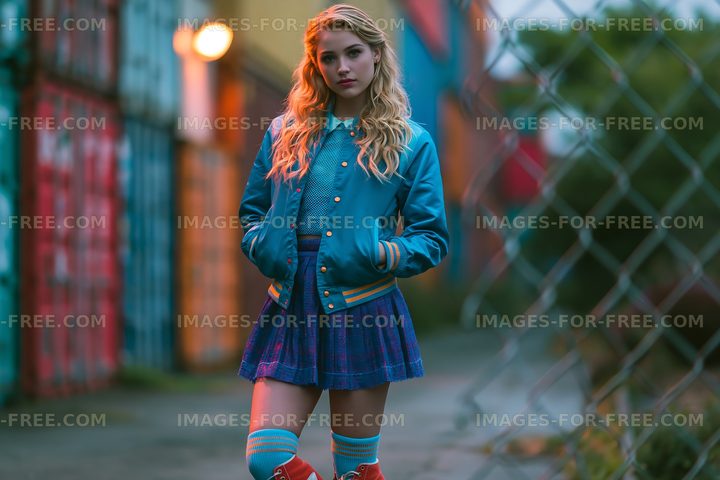 Colorful portrait of a woman outdoors near a fence